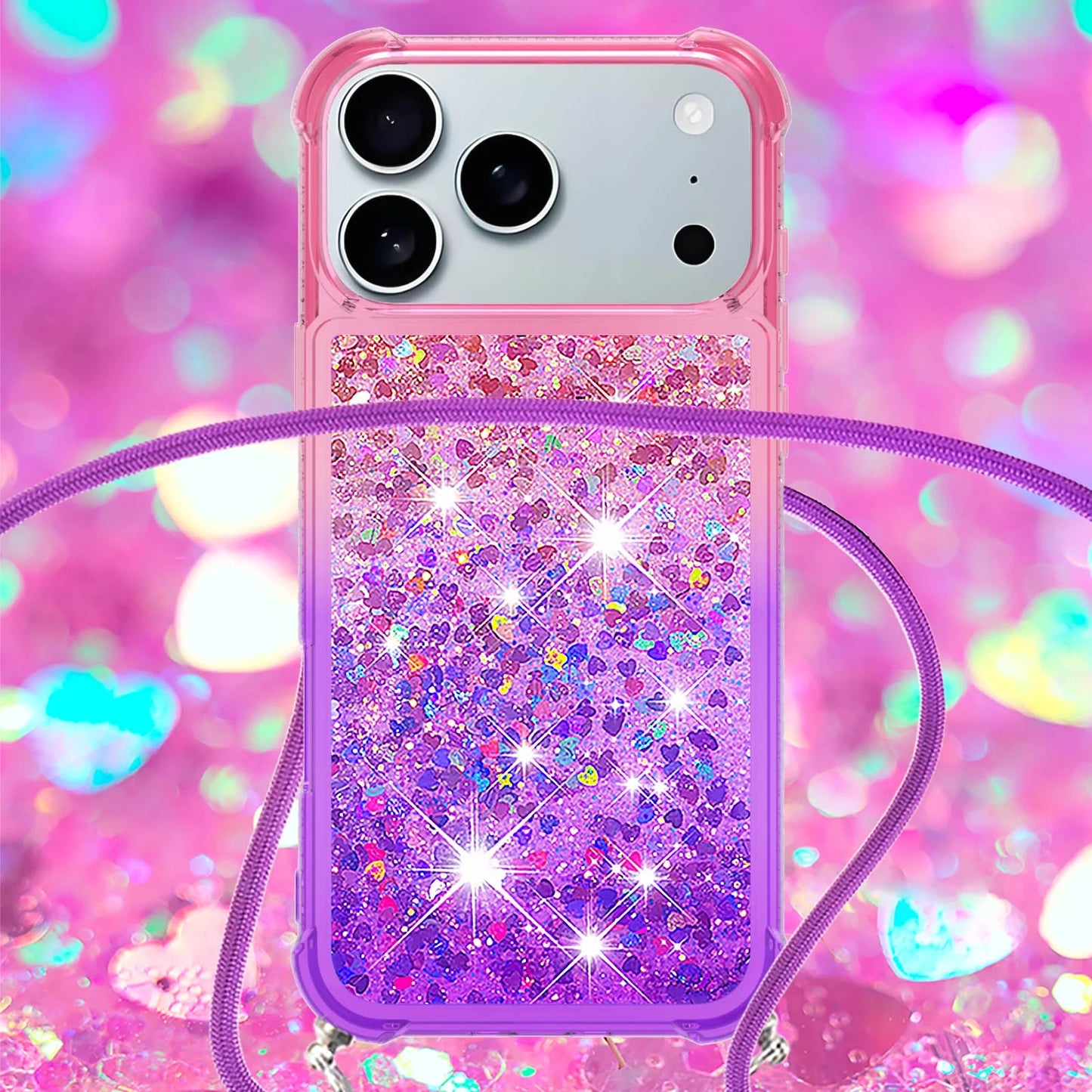 for Iphone 17 Pro Case Girls Women Cute Glitter Soft TPU Phone Case with Strap Lanyard Shockproof Protective Cover-B2