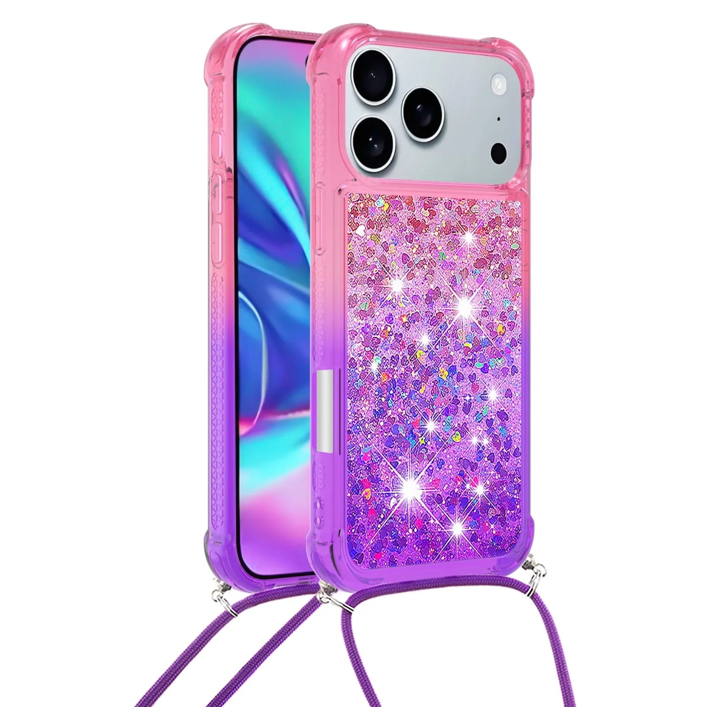 for Iphone 17 Pro Case Girls Women Cute Glitter Soft TPU Phone Case with Strap Lanyard Shockproof Protective Cover-B2