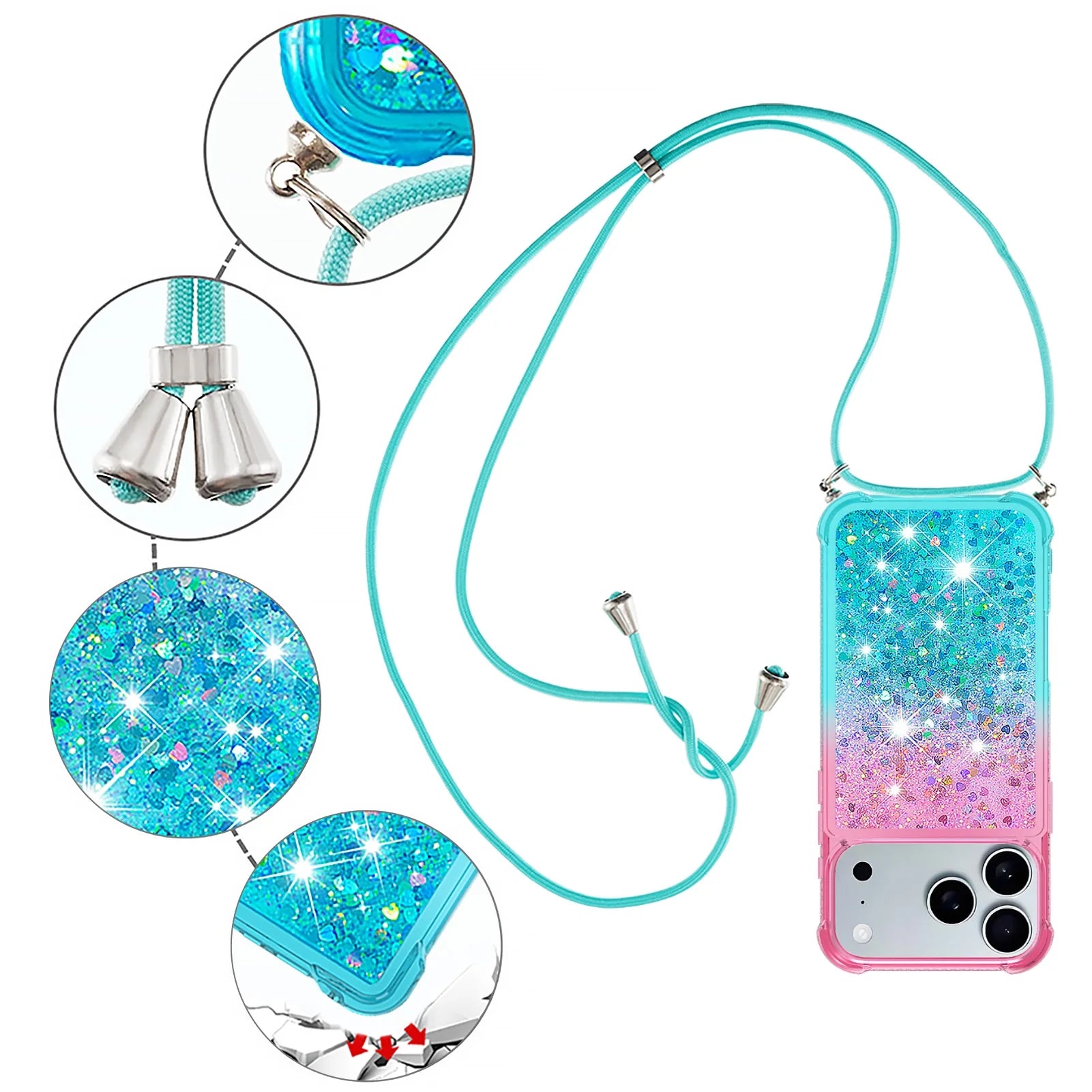 for Iphone 17 Pro Case Girls Women Cute Glitter Soft TPU Phone Case with Strap Lanyard Shockproof Protective Cover-B3