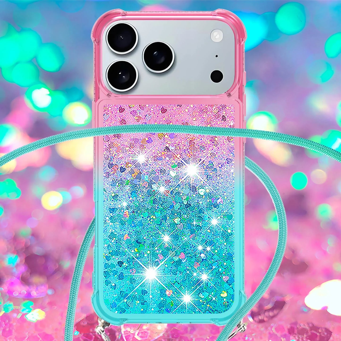 for Iphone 17 Pro Case Girls Women Cute Glitter Soft TPU Phone Case with Strap Lanyard Shockproof Protective Cover-B3