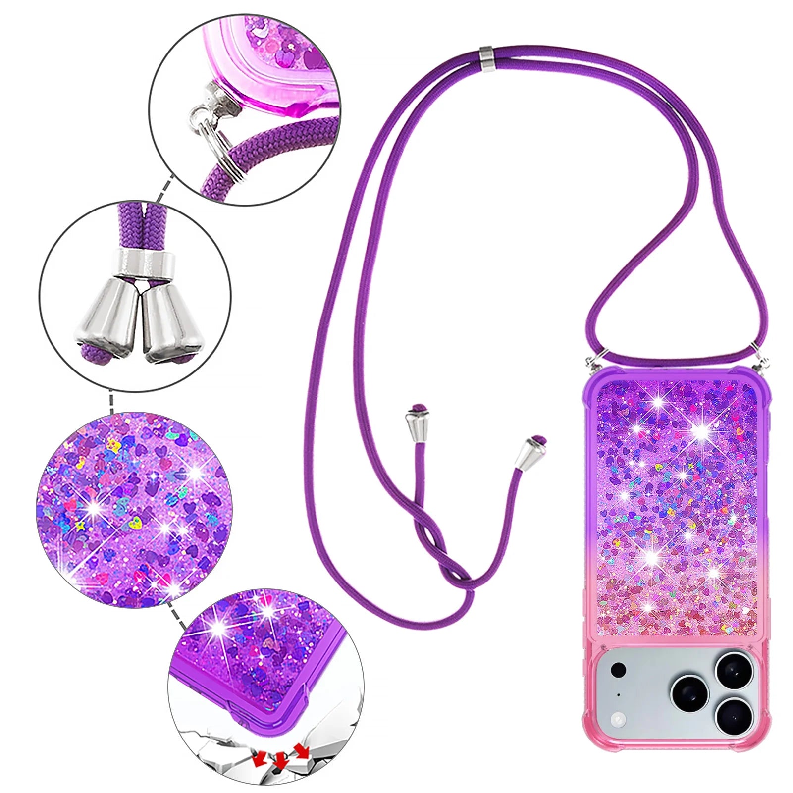 for Iphone 17 Pro Case Girls Women Cute Glitter Soft TPU Phone Case with Strap Lanyard Shockproof Protective Cover-B2